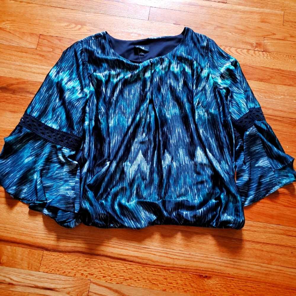 ABG 3X Womens multi color crochet highlight v neck turquoise black blouse NWT